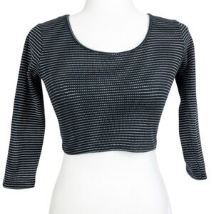 Express Black Silver Metalic Striped Cross Back 3/4 Sleeves Crop Top